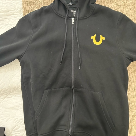 True Religion Black Zip Up Sweater with Yellow Logo - Picture 1 of 3